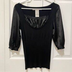 Max Studio Black Slim-Fit 3/4 Sleeve Milkmaid Ruffle Blouse Goth Fairy Cottage